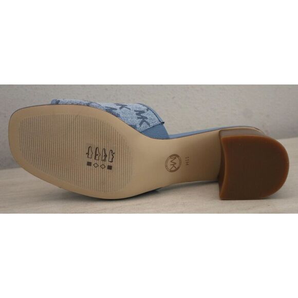 Michael Kors PV24K Women Sz 11M Blue Denim Logo Print Heeled Slides Sandals - Picture 3 of 10